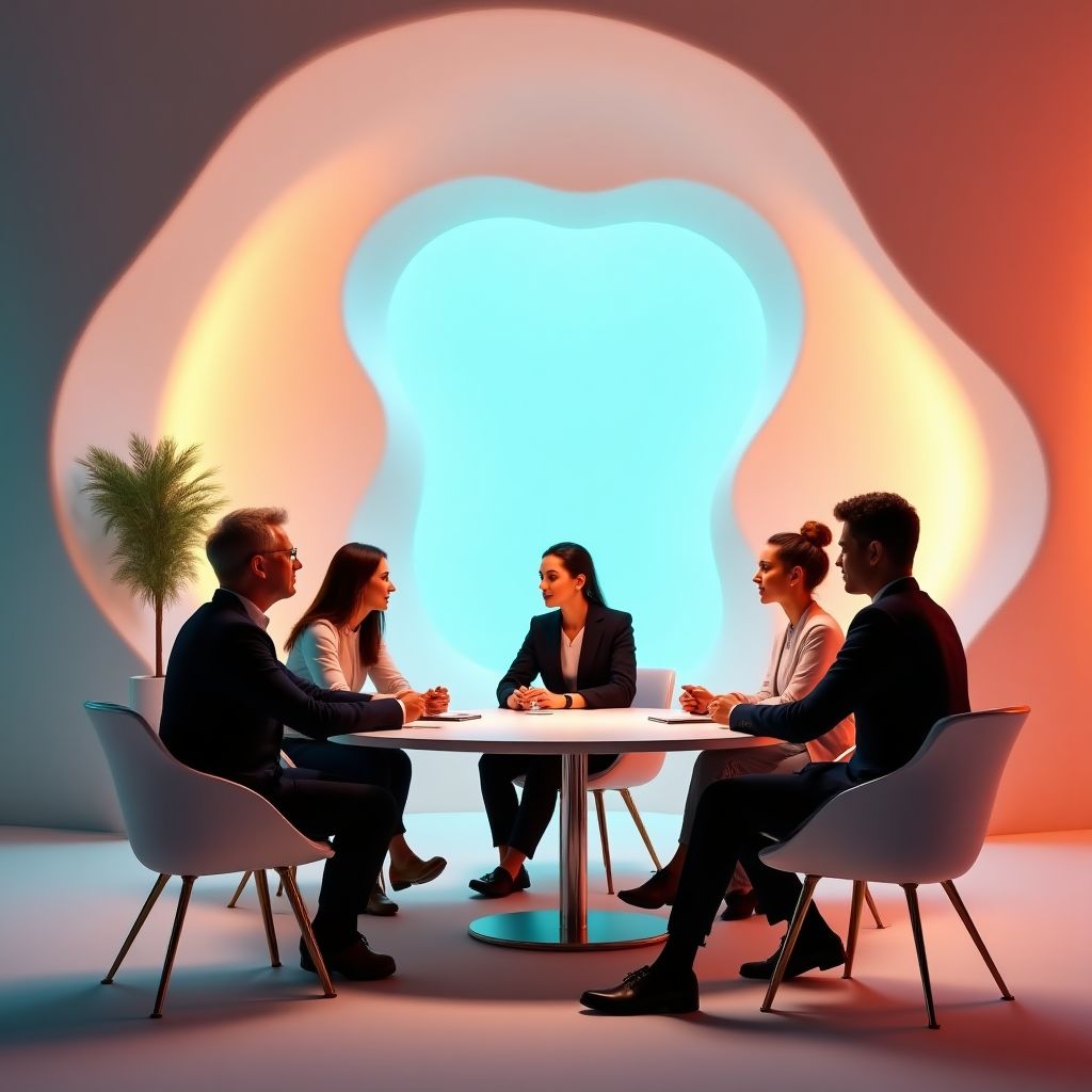 Equipo de consultores discutiendo valores empresariales